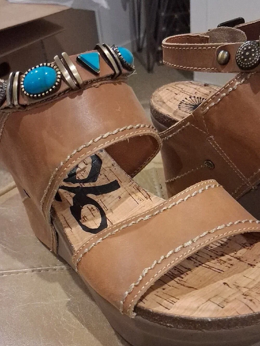 OTBT Wedge Sandals with Turquoise Accents - Tan